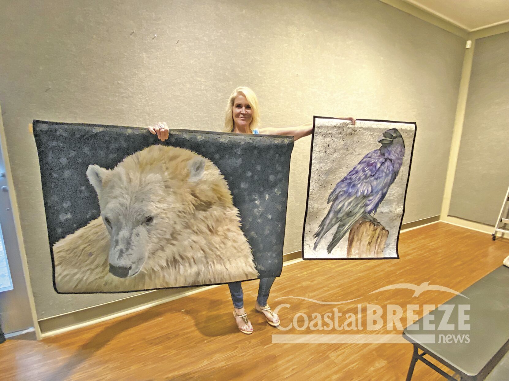 Warm, Cool & Complementary Palettes 4. Artist Deb Crine with her silk quilt of Polar Bear On thin Ice and Nevermore, the Raven.JPG
